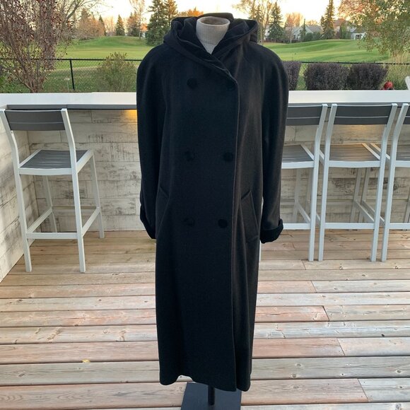 Vintage 90s Double Breasted Hooded Wool Velvet Trim Long Maxi Pea Coat Overcoat - Picture 1 of 15